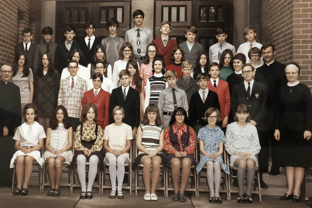 Vintage class photo restored and colorized using AI photo restoration tool